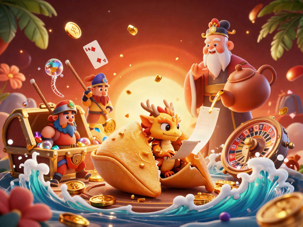 Experience the thrill of debet betting with a dynamic casino-themed 3D scene featuring a golden fortune cookie and treasure.