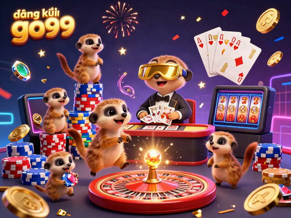 Experience the thrilling action at đăng ký go99 casino, with a vibrant meerkat team managing a lively gaming scene.
