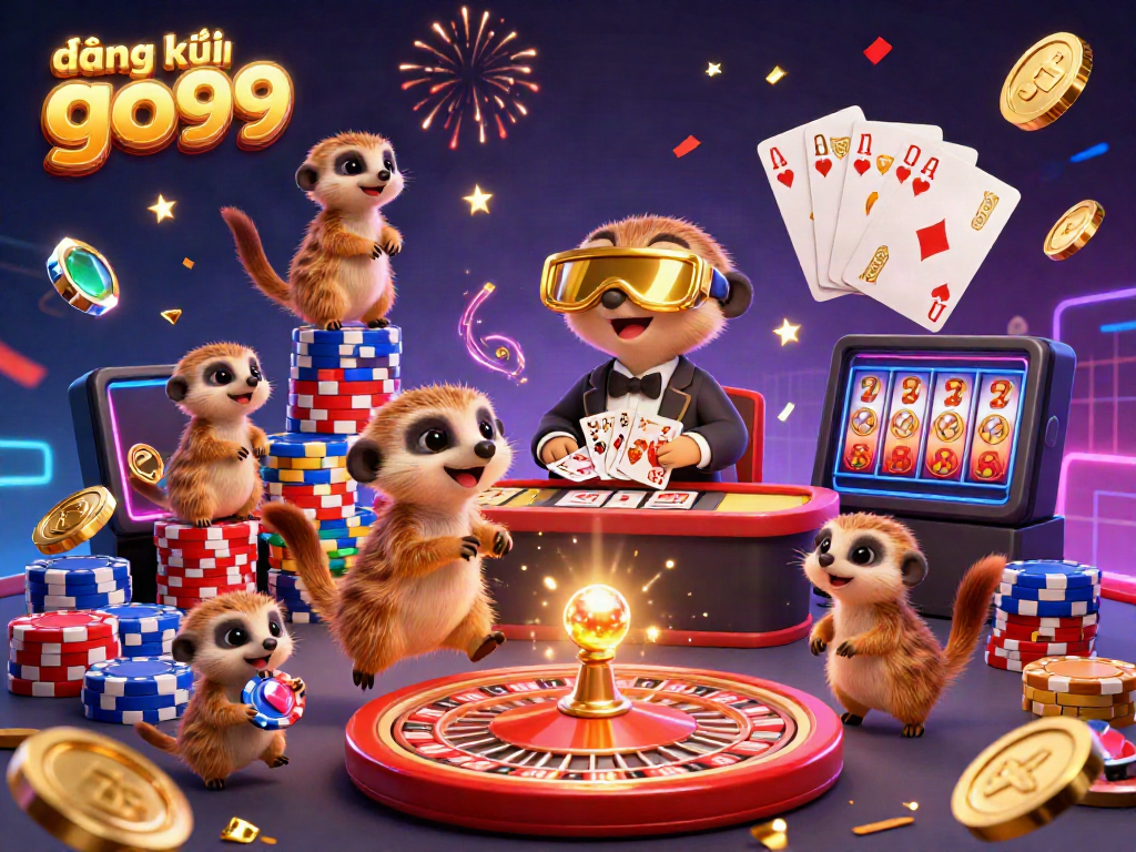Experience the thrilling action at đăng ký go99 casino, with a vibrant meerkat team managing a lively gaming scene.
