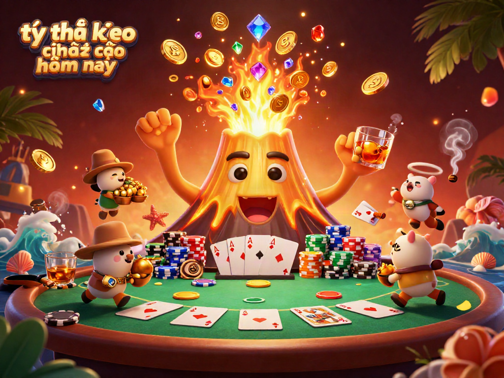 Engaging illustration depicting tỷ lệ kèo nhà cái hôm nay with a golden volcano, poker elements, and adventurous treasure hunters.