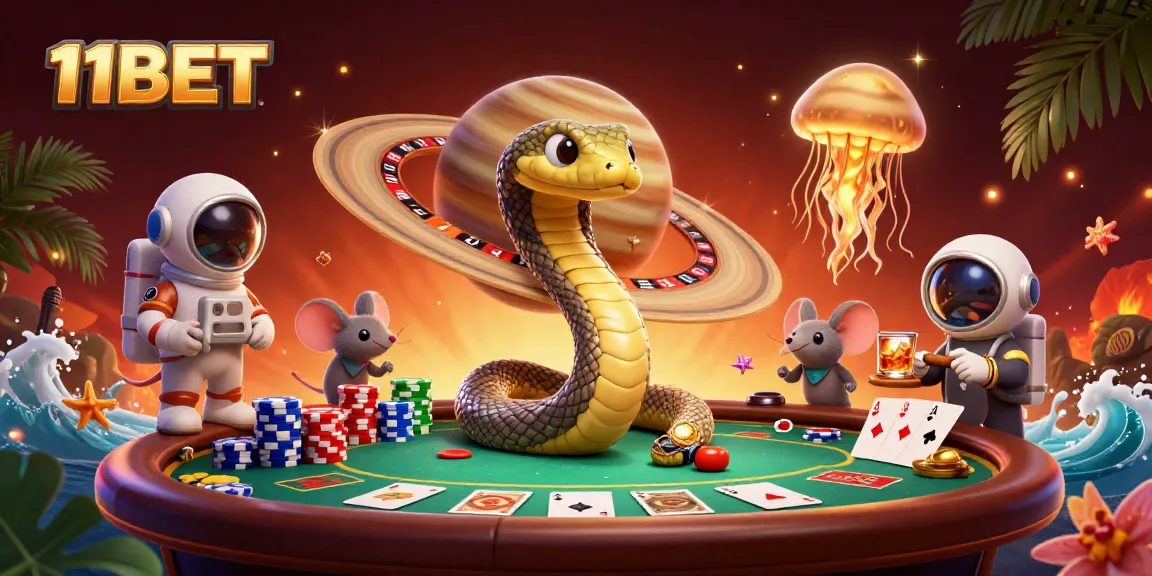 Experience the excitement of 11BET as playful astronaut mice bet on Saturn's roulette rings in a vivid cosmic casino.
