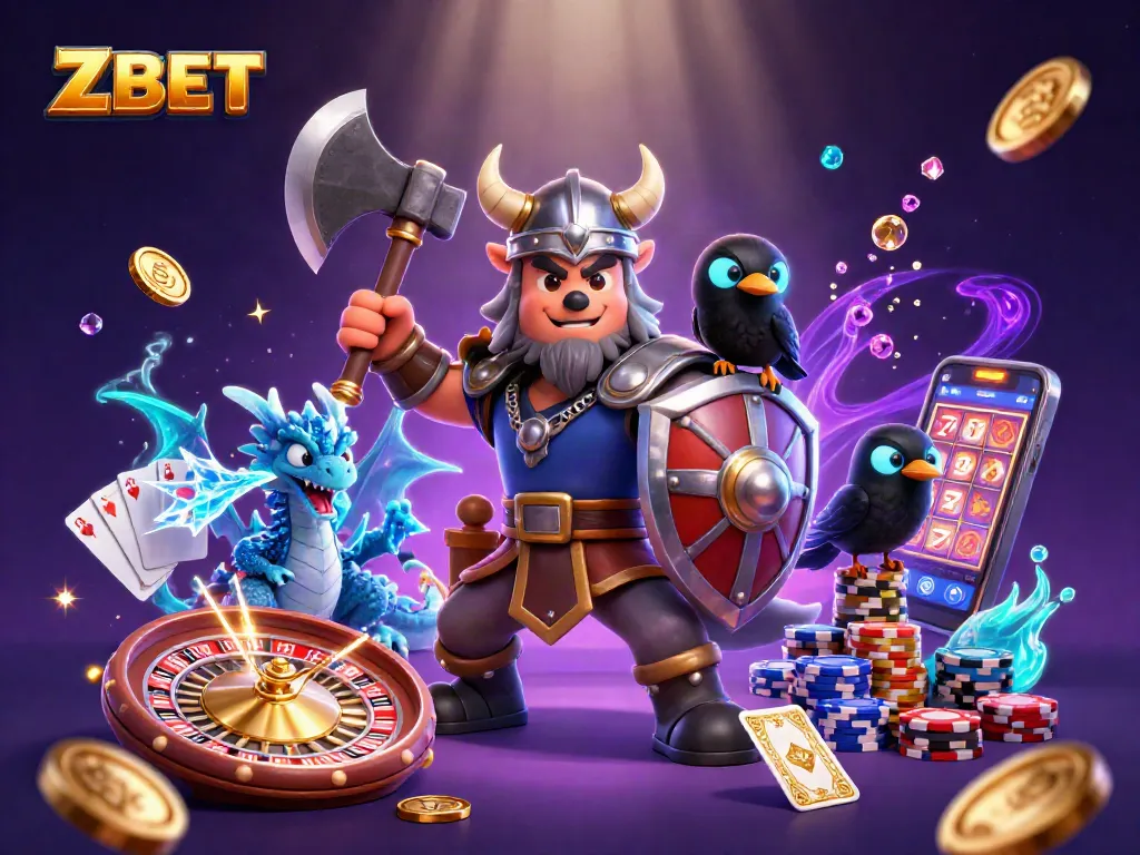ZBET spins luck with a Viking warrior, fierce dragon, and glowing raven in an exciting casino adventure.