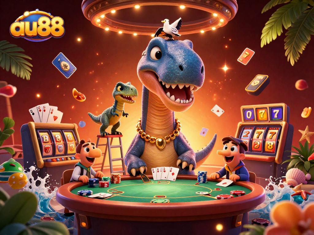 Play poker at au88 with a giant brontosaurus and raptor dealer in a vibrant casino scene.