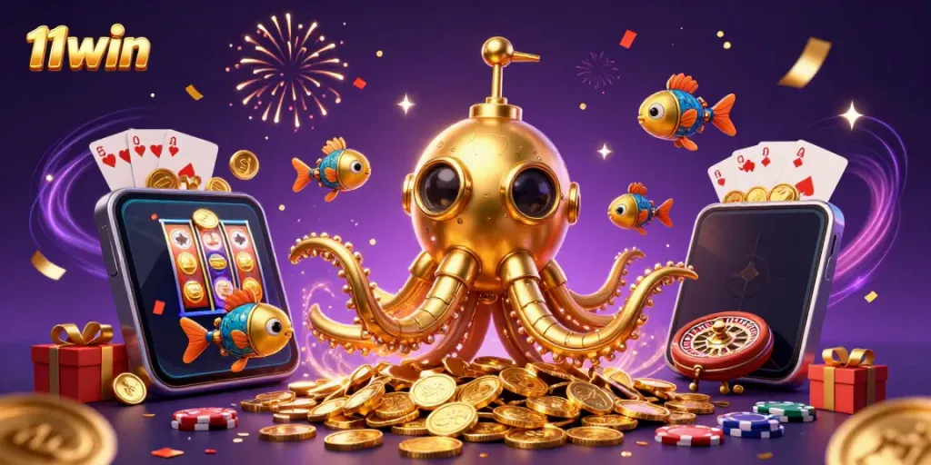 Play exciting games at 11win with a mesmerizing kraken submarine and vibrant gold coins flooding the scene.