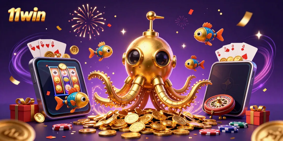 Play exciting games at 11win with a mesmerizing kraken submarine and vibrant gold coins flooding the scene.