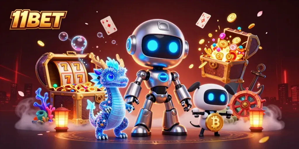 Experience thrilling gameplay with 11BET's vibrant 3D cartoon casino scene featuring exciting elements and characters.