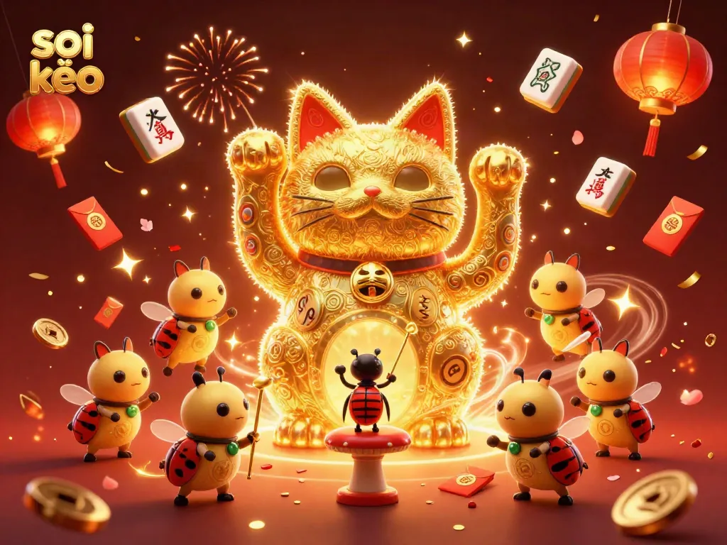 Experience exciting soi kèo action with a vibrant lucky cat and dynamic casino symbols in a festive setting.