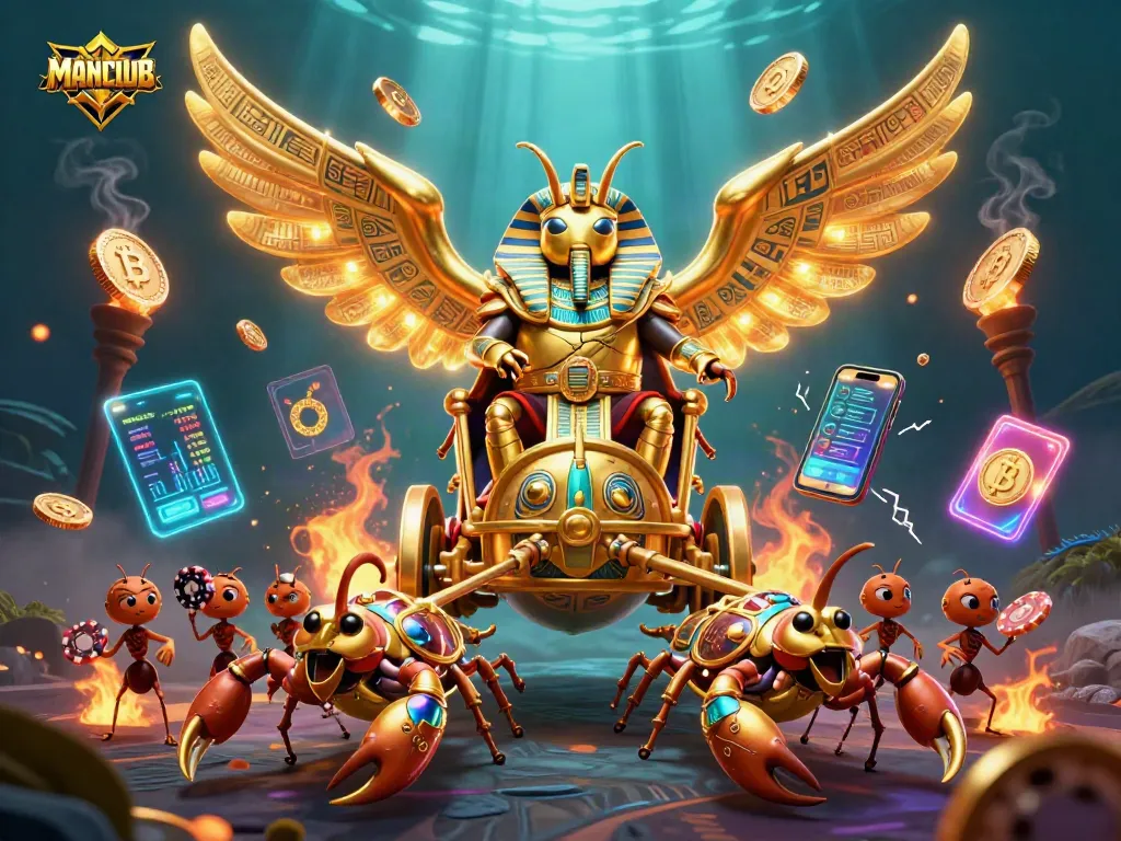 Engage with MANCLUB's thrilling casino experience featuring a vibrant 3D golden scarab and dazzling crypto elements.