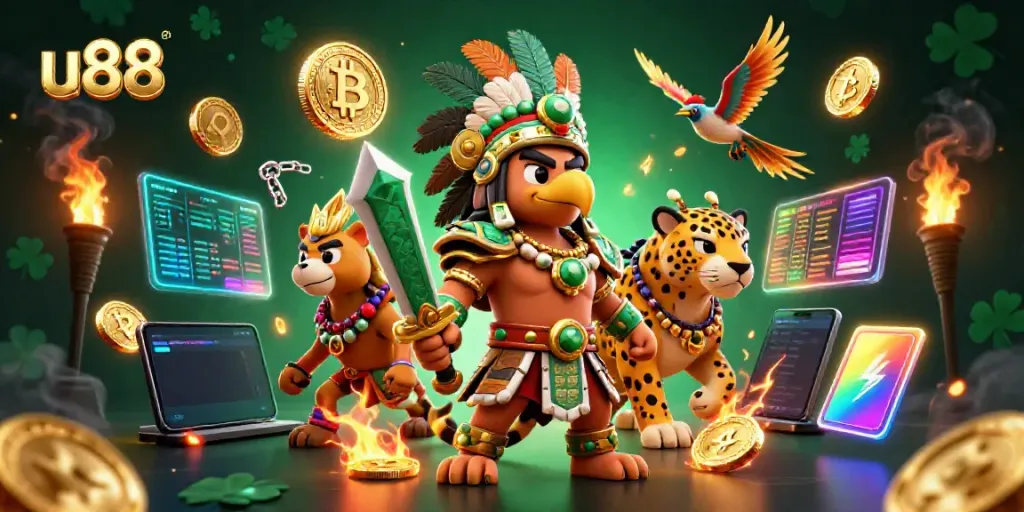 Win big with u88 at this vibrant online casino illustration featuring dynamic characters and crypto elements.