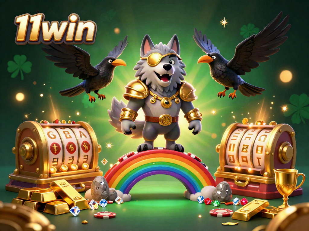 Experience the excitement of 11win with a captivating casino scene featuring a Norse wolf and treasures.