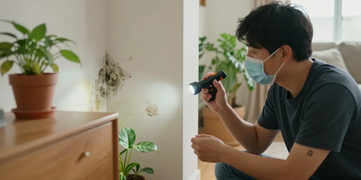 Mold Remediation Vancouver: Homeowner inspecting mold growth in living room