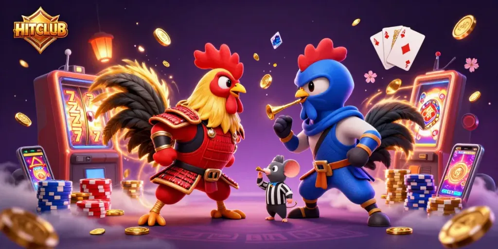 Engage with HITCLUB's thrilling fight scene animated with slot reels, lucky sevens, and dramatic casino elements.