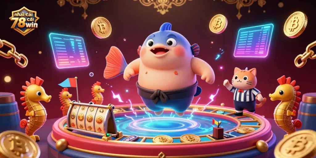 Engage in thrilling gameplay with nhà cái 78win featuring a lively underwater casino scene with vibrant characters and neon elements.