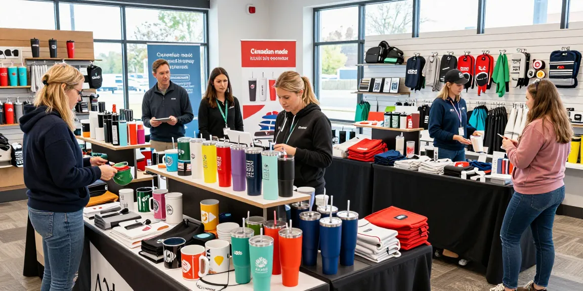 Promotional products on display at Hard Wear Promotions showroom, highlighting custom drinkware and accessories.