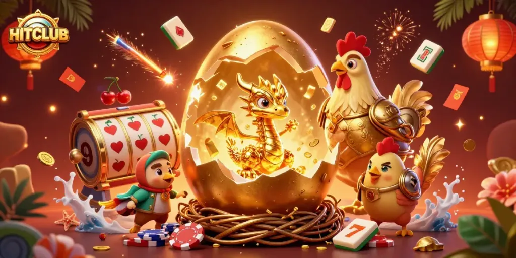 Experience HITCLUB's golden dragon at the virtual casino, surrounded by vibrant gaming elements.