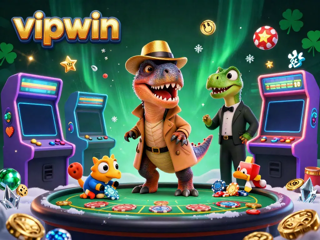 Experience the excitement at vipwin with a velociraptor quietly counting cards and a stegosaurus pit boss observing in a vibrant casino setting.