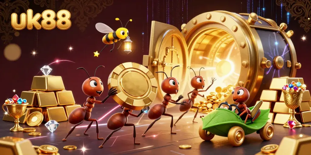 Experience the excitement of uk88 with a heist scene featuring ants, poker chips, and treasure.