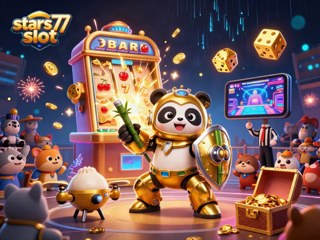 Menggenggam kemenangan di stars77 slot, robot tempur, dan simbol slot berkilaunya menyemarakkan suasana kasino.
