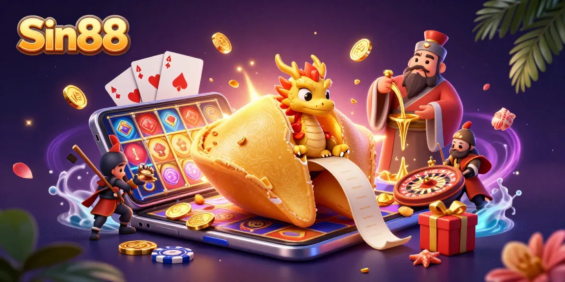 Experience the magic of Sin88 casino, with a golden fortune cookie, dragon, and dynamic gaming elements.