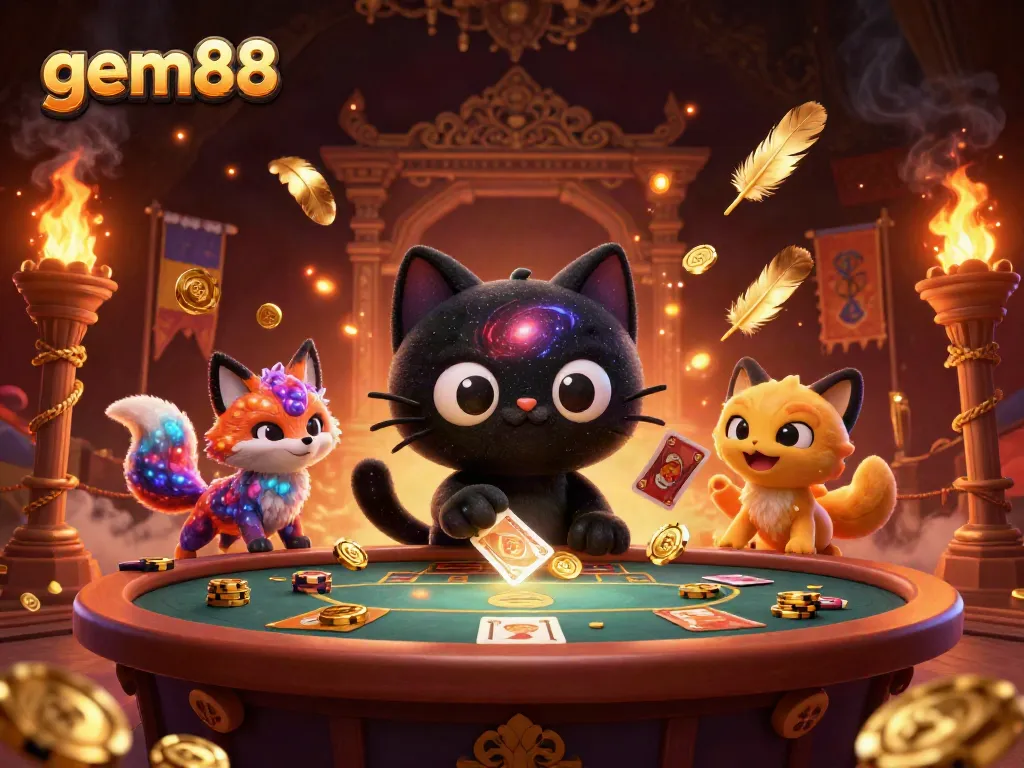 Win at gem88 with a dynamic cosmic casino scene featuring engaging characters and vibrant elements.