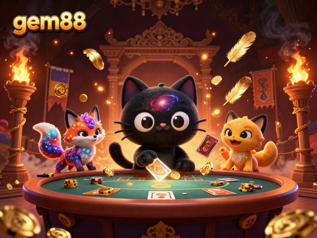 Win at gem88 with a dynamic cosmic casino scene featuring engaging characters and vibrant elements.