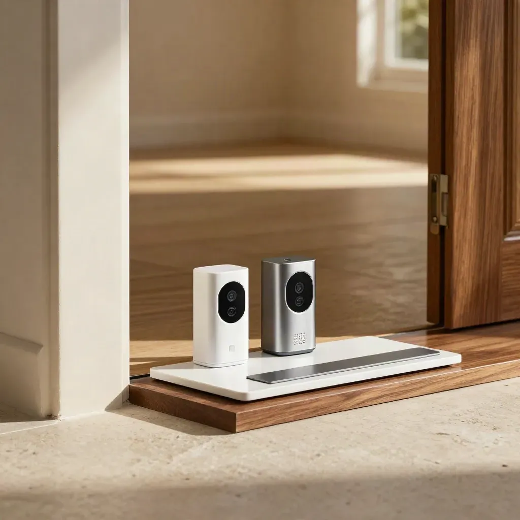 Overhead entryway sensor kit laid beside a doorway and trim sample in warm natural tones.