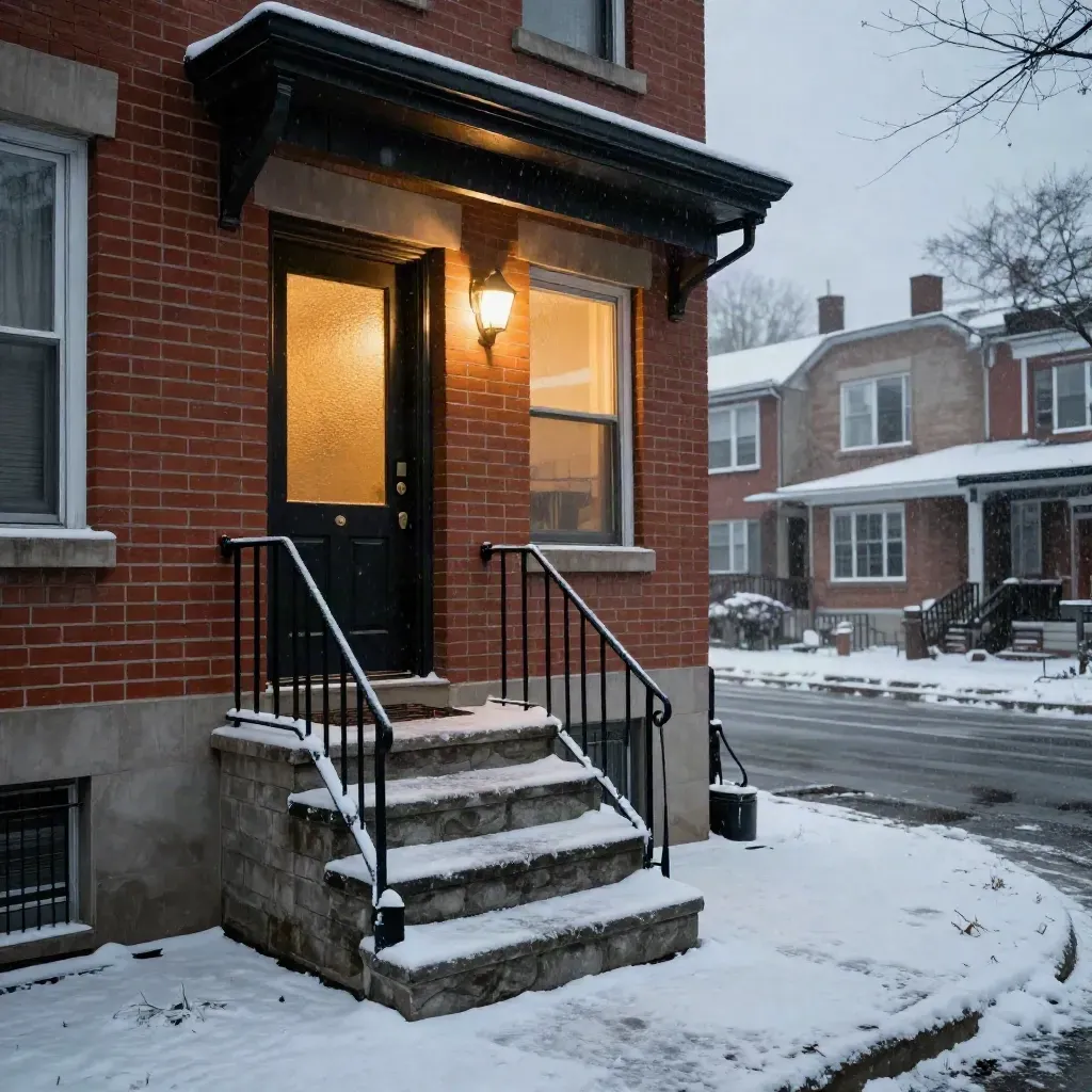 Toronto semi-detached entry with alarm sensors glowing warm at dusk in light snow