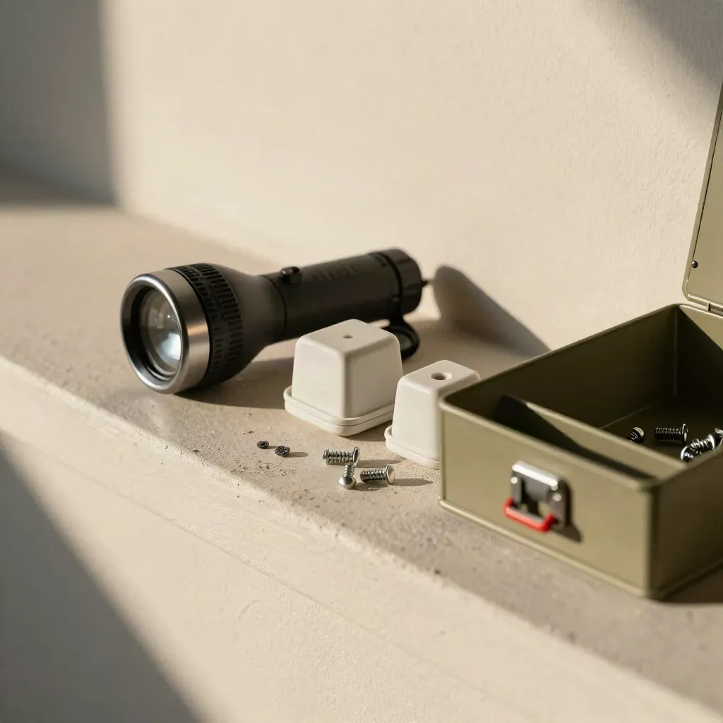 Inspection torch, sensor housings, tamper screws and parts drawer on pale plaster in tight macro.