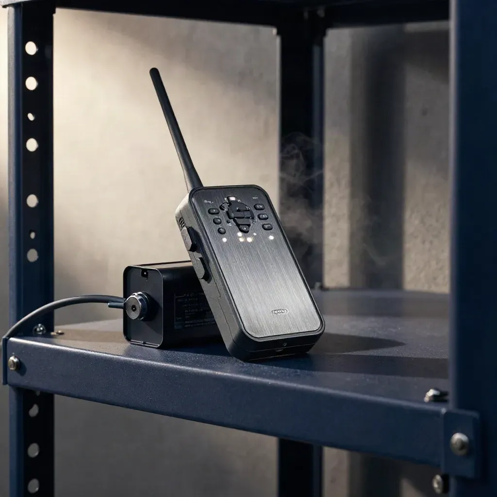 Alarm communicator, backup battery and antenna puck glowing on a dark utility shelf.