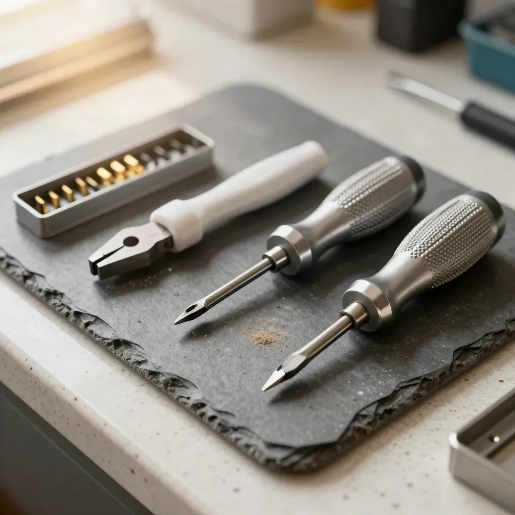 Macro tools on a service bench with a contact sensor, wire strippers and ferrules.