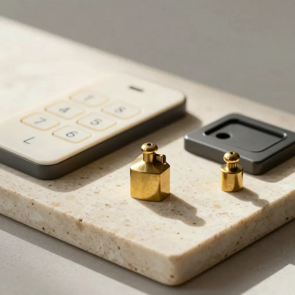 Alarm Central still life of security hardware samples on stone, brass house weight and keypad shell