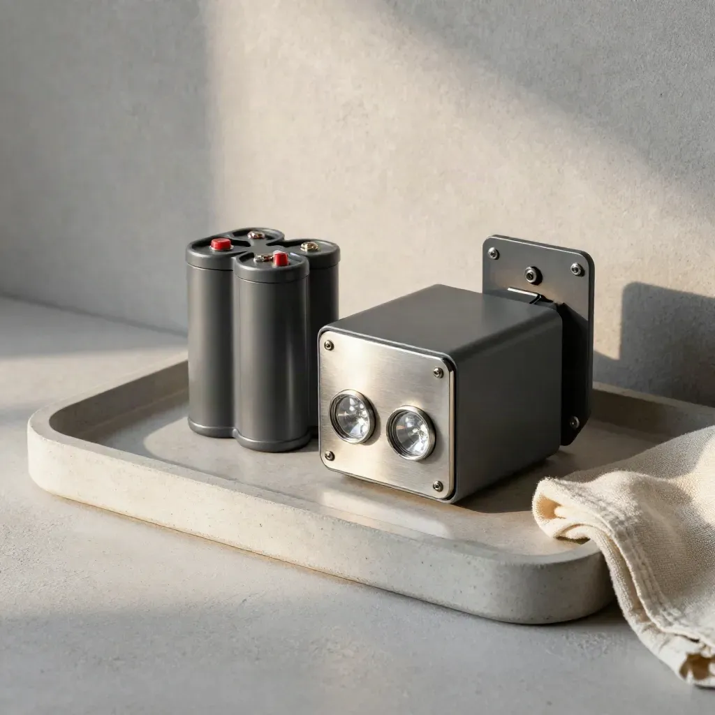 Alarm module, backup battery and bracket on a concrete tray with soft status lights