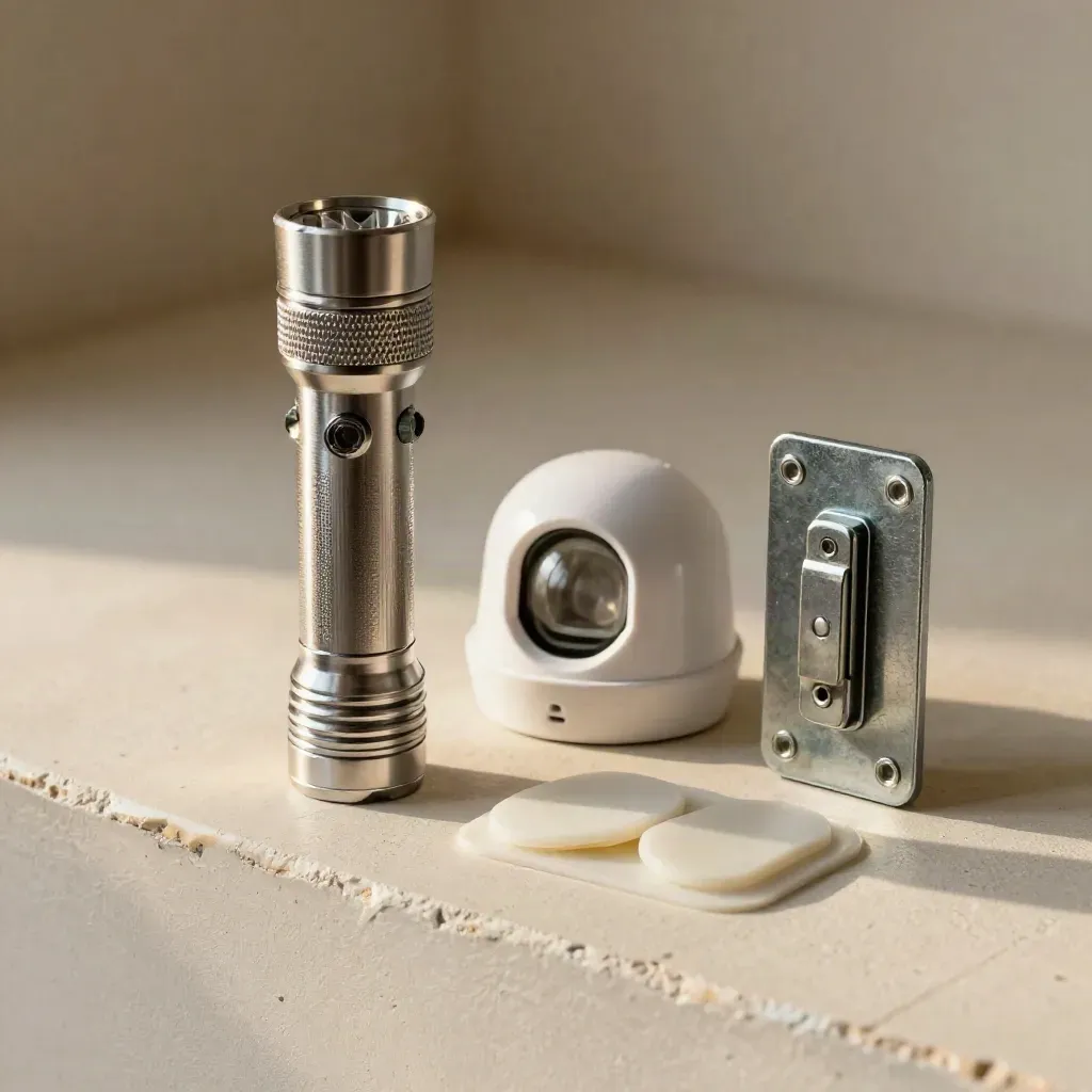 Flashlight and alarm hardware samples on a pale plaster surface, low three-quarter view.
