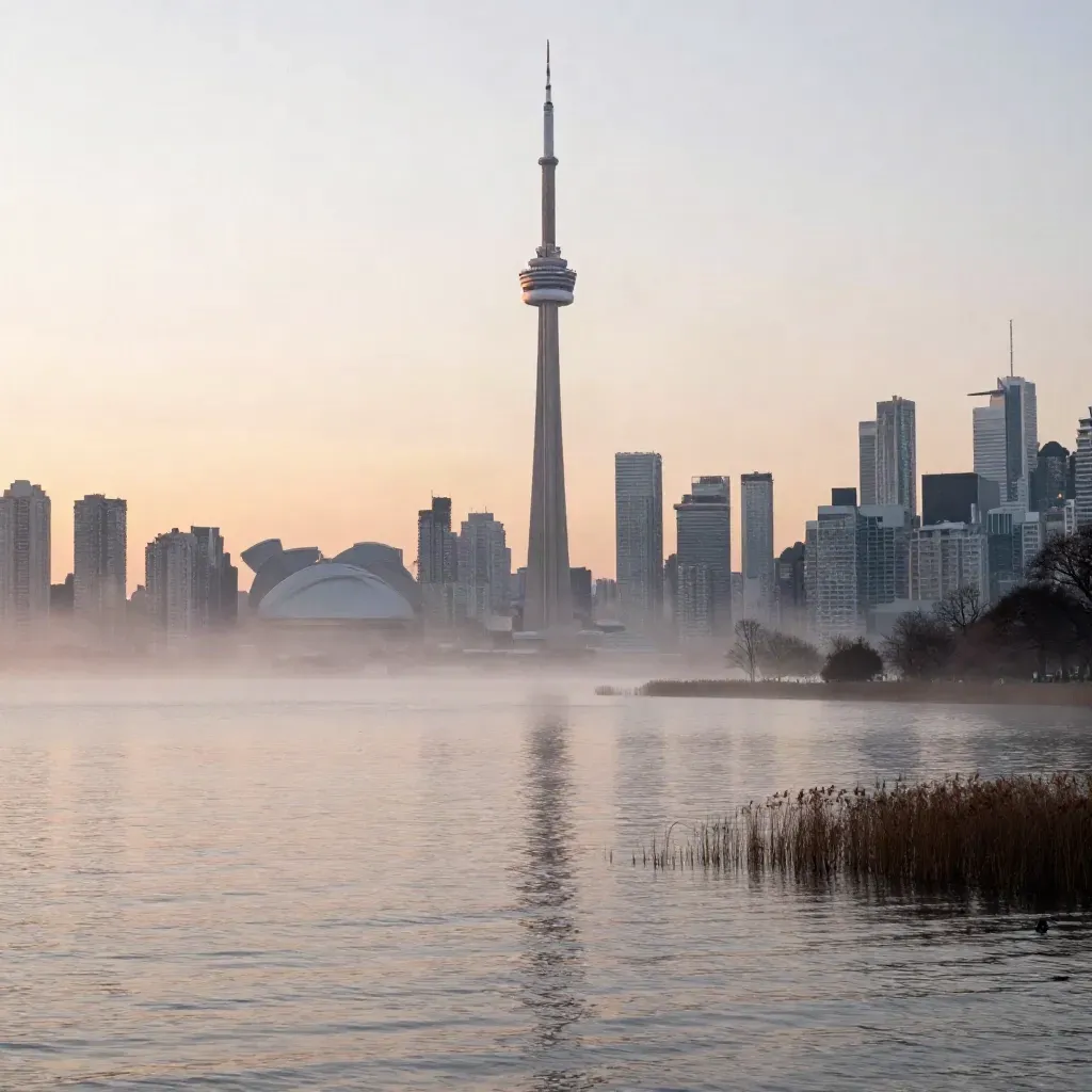 Toronto skyline from the Islands at dawn, CN Tower high above calm misty Lake Ontario.