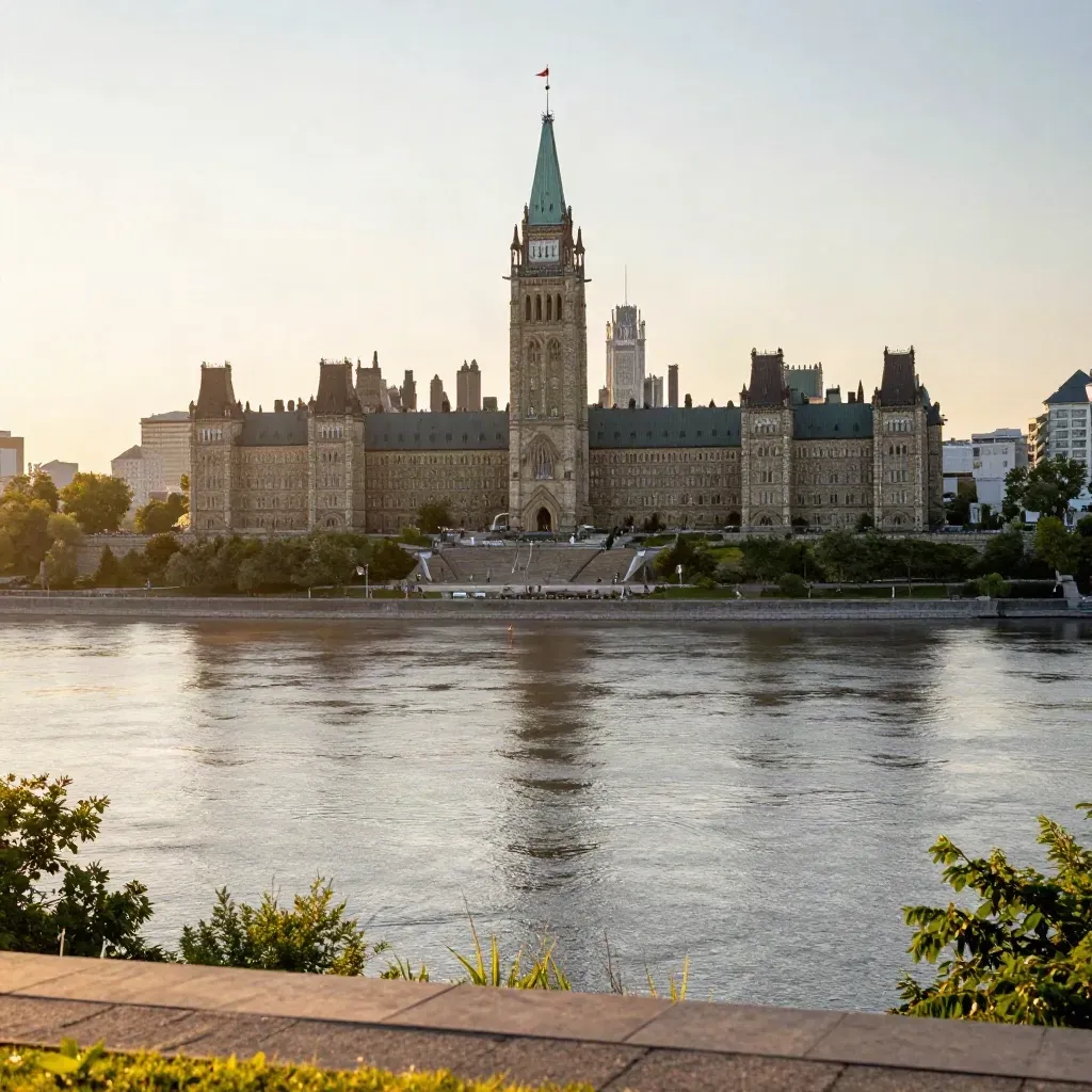Parliament Hill and the Ottawa River at golden hour with haze and calm copy space.