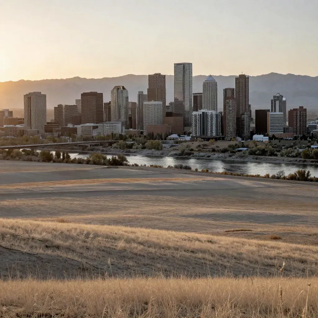 Calgary skyline and Bow River with Rockies beyond, calm prairie foreground at sunset