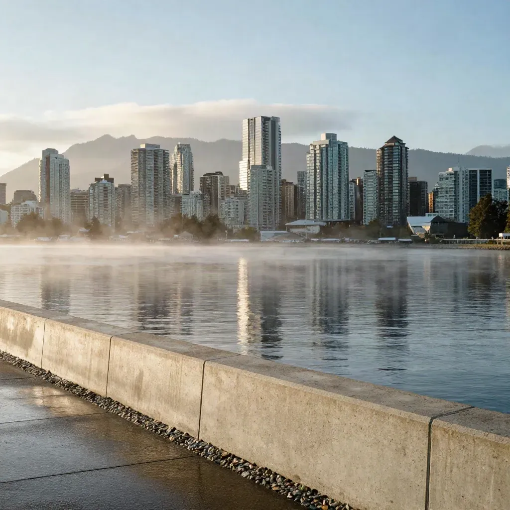 Vancouver skyline above misty inlet water at dawn from a wet seawall overlook