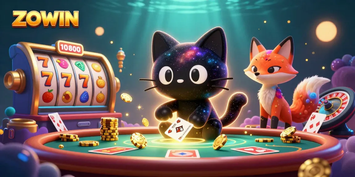 Spin the reels with ZOWIN's vibrant cosmic casino featuring a black hole cat and nebula fox.