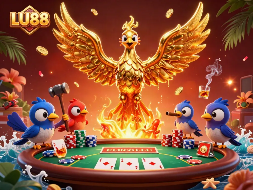 Experience thrilling moments at LU88 with a dazzling phoenix and poker elements in a vibrant casino scene.