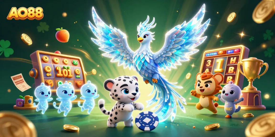 Experience thrilling gaming action with AO88’s vibrant casino scene featuring an ice phoenix and glowing sprites.