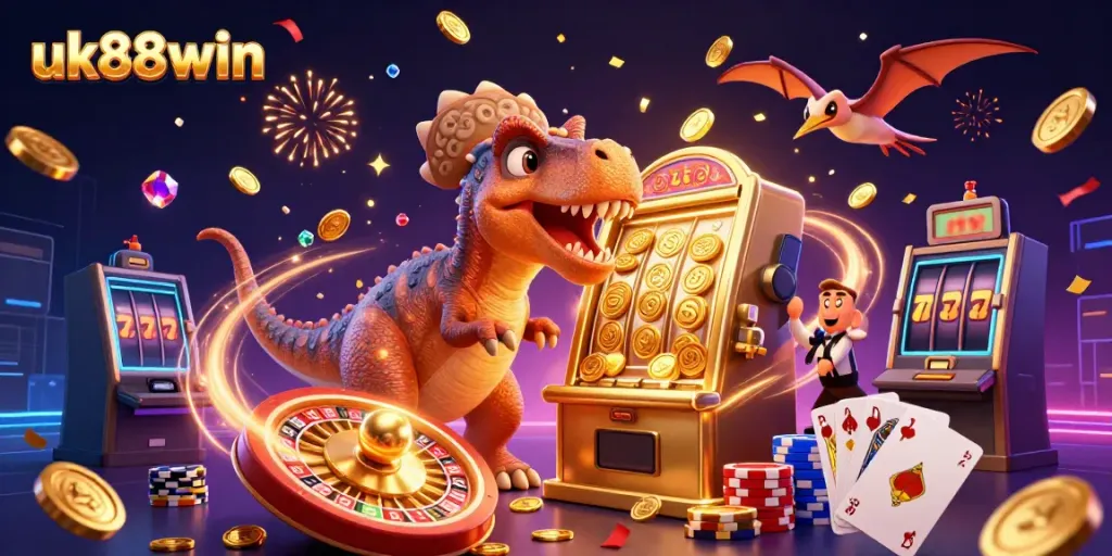 uk88win's pachycephalosaurus wins a jackpot while a casino manager panics, featuring golden coins and slot machines