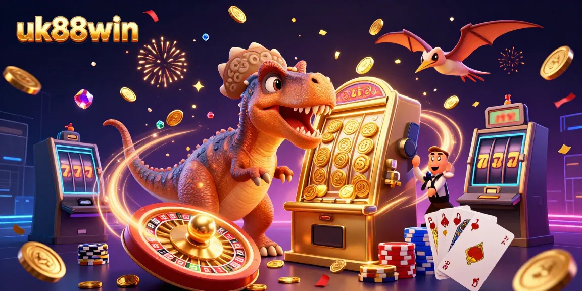 uk88win's pachycephalosaurus wins a jackpot while a casino manager panics, featuring golden coins and slot machines