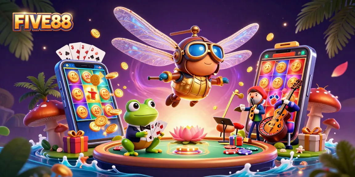 Experience vibrant gaming with FIVE88 featuring a dragonfly pilot and casino action.