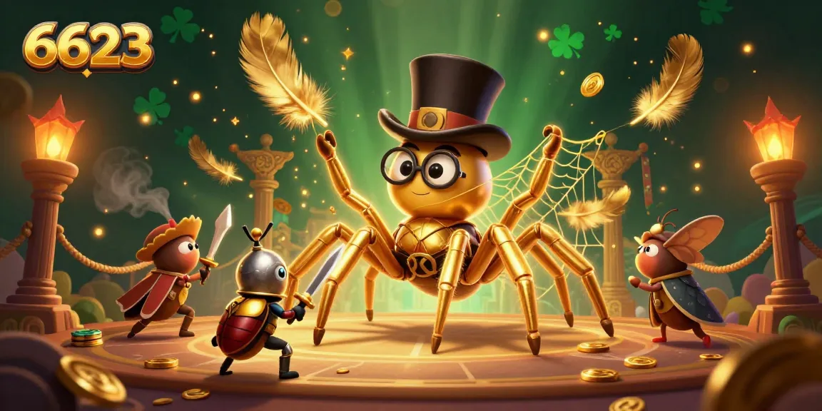 Experience thrilling gameplay at 6623 with a golden tarantula and beetle knight amidst a vibrant casino.