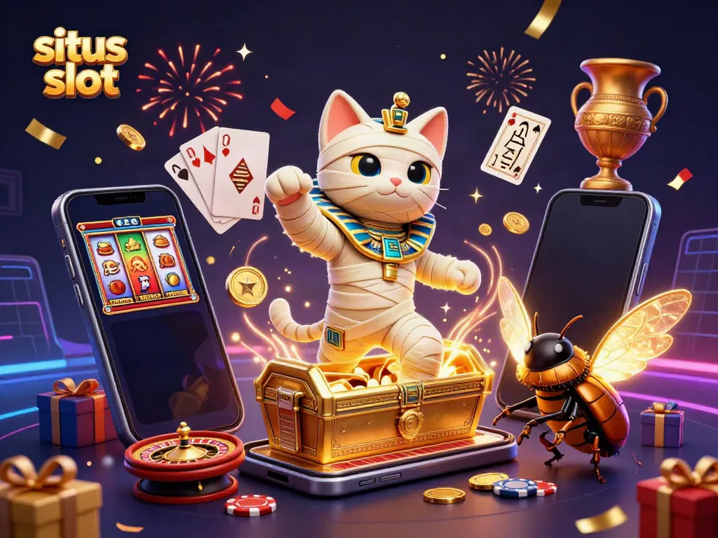 Experience thrilling gameplay at situs slot with a vibrant 3D illustration of a mummy cat and scarab in a casino.