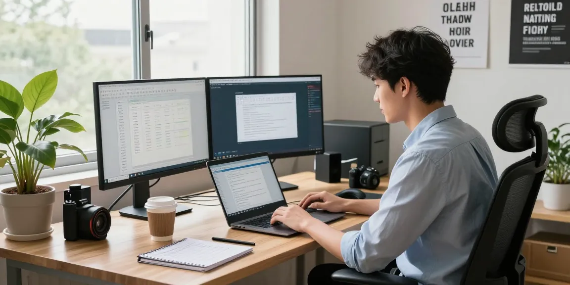 WPS Download in action on a laptop in a bright home office workspace with dual monitors and productivity tools.