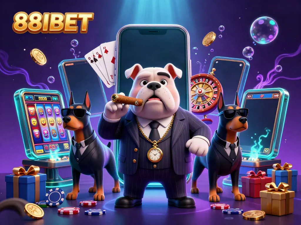 Engage with 88IBET's vibrant casino illustration featuring a mafia bulldog among dynamic gaming elements.