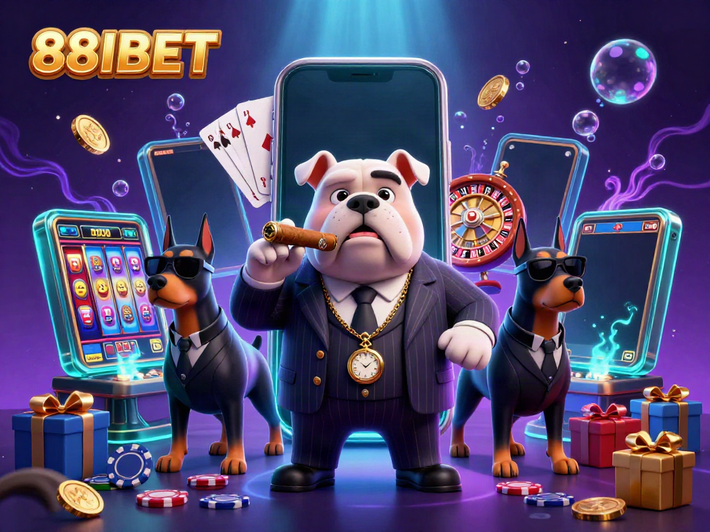 Engage with 88IBET's vibrant casino illustration featuring a mafia bulldog among dynamic gaming elements.