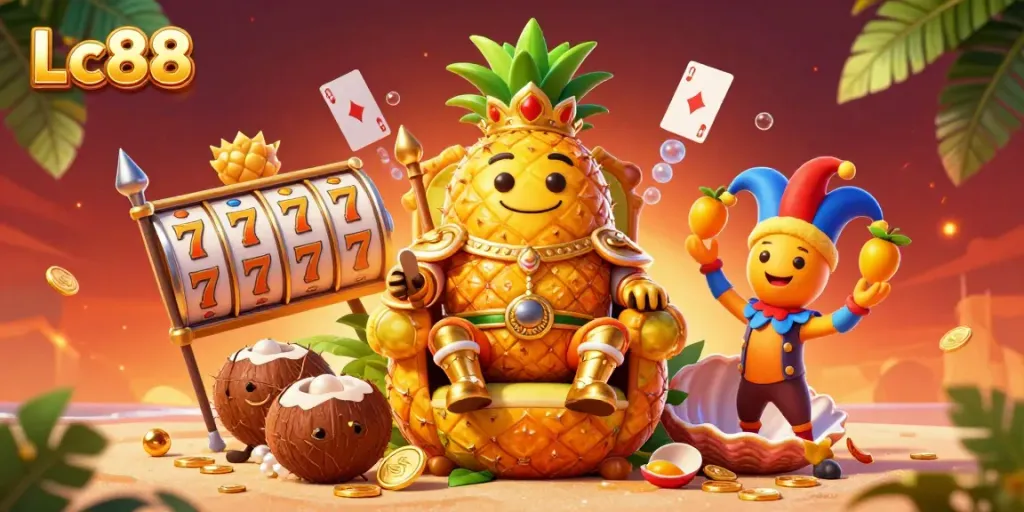 Engage in excitement with Lc88's vibrant casino scene featuring a golden pineapple king and dynamic slot visuals.