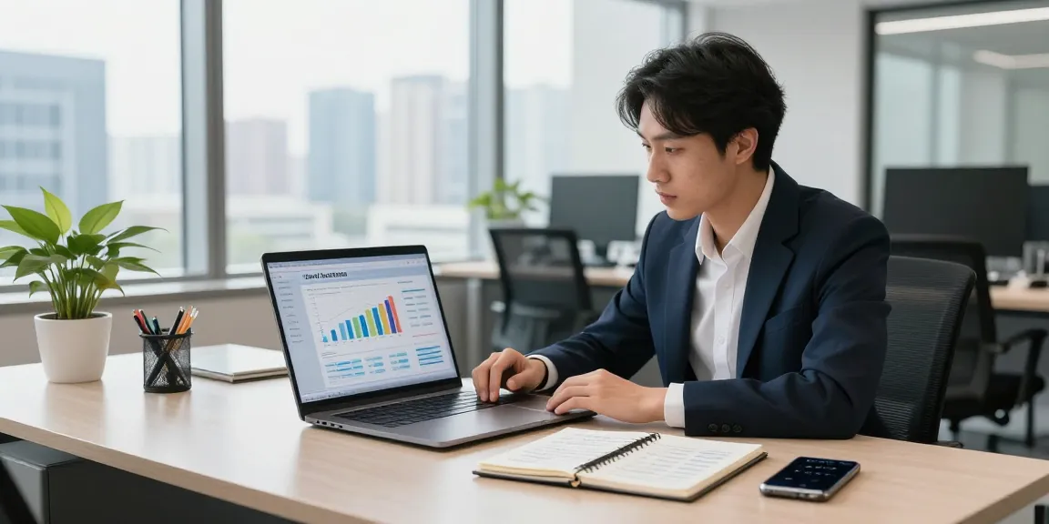 Engaged professional using accounting software for small business in a modern office.